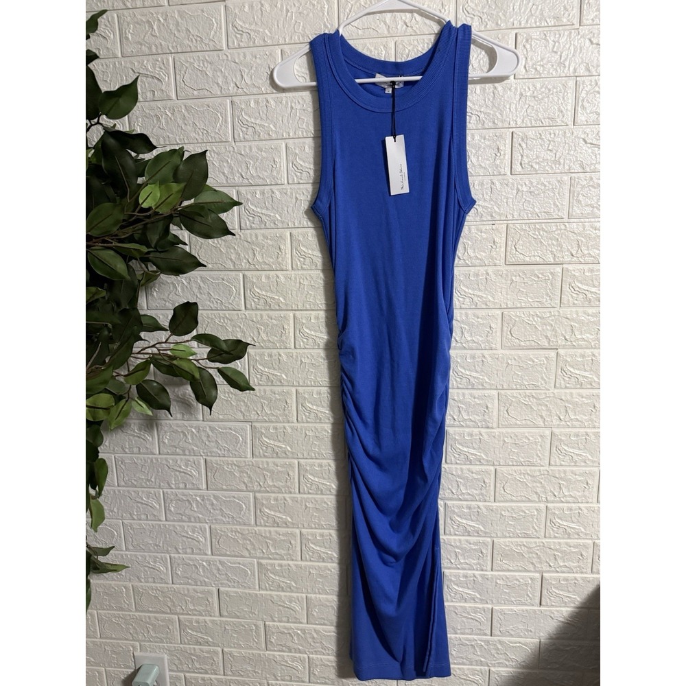 Michael Stars Wren Ribbed Ruched Midi Dress Salt Water Blue Medium NEW